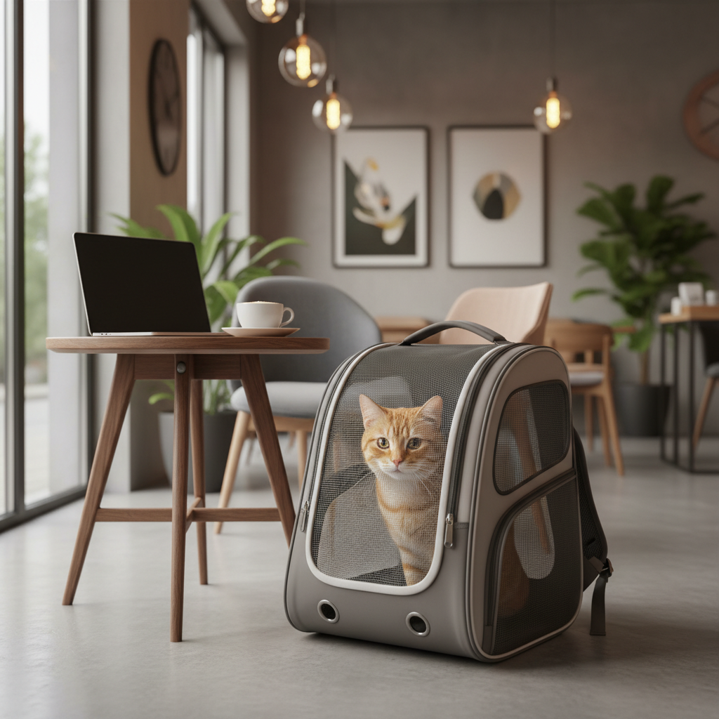 현대적인 인테리어의 카페 테이블 옆에 놓인 세련된 디자인의 고양이 이동장 백팩. 통기성이 좋은 메쉬 소재 사이로 호기심 가득한 눈빛의 고양이가 보이며 전체적으로 따뜻하고 감성적인 조명이 적용된 이미지.