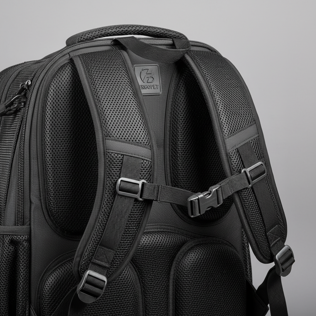 인체공학적 설계가 돋보이는 반려동물 백팩의 등판과 어깨 스트랩 부분을 강조한 클로즈업 샷. 통기성 메쉬 패드와 두툼한 쿠션감이 느껴지는 전문적인 제품 상세 사진.