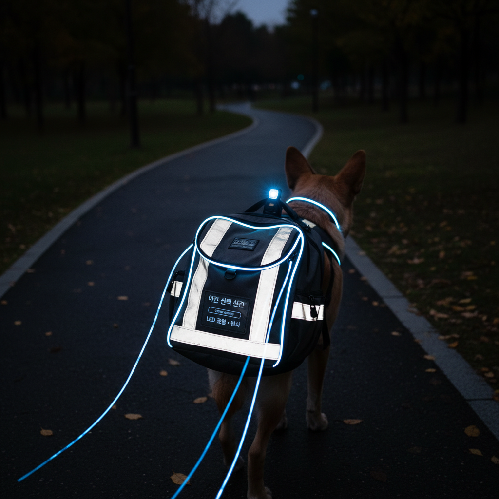 야간 산책 시 안전을 위한 반사 테이프와 LED 조명이 부착된 반려동물 백팩의 모습. 어두운 배경 속에서 백팩의 안전 요소들이 선명하게 빛나는 기능성 강조 이미지.