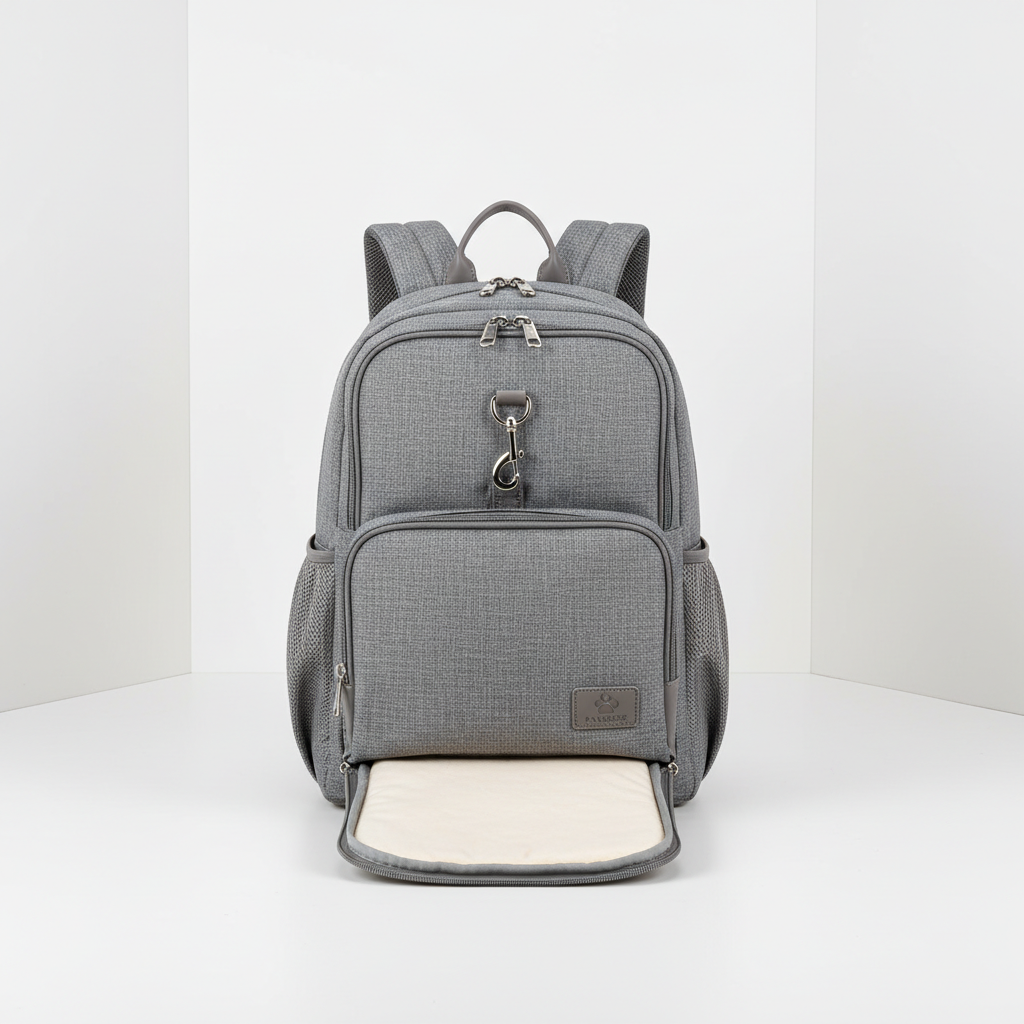 미니멀한 스튜디오 배경에서 촬영된 프리미엄 반려동물 백팩의 정면 샷. 수납 포켓, 안전 고리, 바닥 패드 등 제품의 모든 디테일이 선명하게 보이는 전문 카탈로그 스타일 이미지.